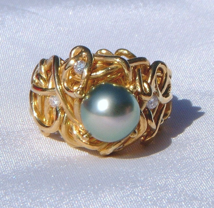 Custom Design Diamond and Tahitian Pearl Ring