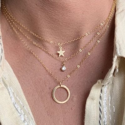 3 Strand Layering Necklace, Gold-Filled on cable chains 14.5"-17.5", Star, CZ, Circle